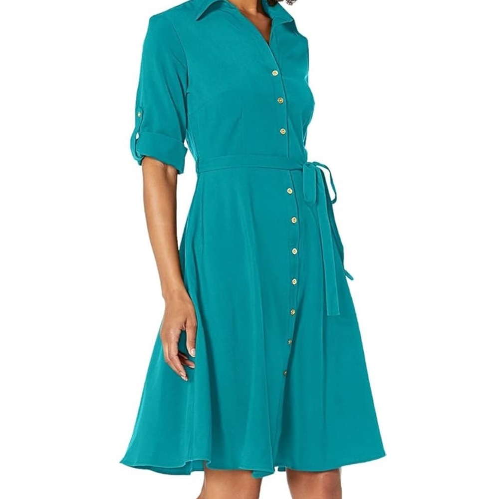 Sharagano Turquoise Midi Dress with Buttons
